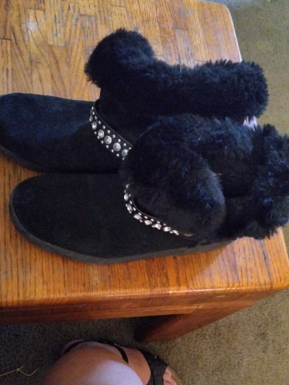 Faux-Fur Lined Black Slip-On Slippers with Studded Trim